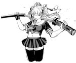  black_serafuku blindfold greyscale hair_ribbon holding holding_sword holding_weapon katana midriff monochrome mouth_hold navel original pleated_skirt ribbon school_uniform serafuku sheath simple_background skirt solo sword thighhighs twintails unsheathing weapon white_background yoshika_fuumi 