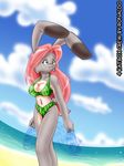  anthro beach big_breasts bikini breasts clothing female fur green_eyes grey_fur hair lagomorph las_lindas long_hair mammal multicolored_fur nekonny pink_hair rabbit seaside swimsuit taffy_(las_lindas) two_tone_fur white_fur 