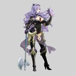  absurdres armor axe black_armor black_panties boots breasts bustier camilla_(fire_emblem_if) capelet cleavage fire_emblem fire_emblem_if full_body gloves grey_background hair_over_one_eye high_heel_boots high_heels highres kozaki_yuusuke large_breasts lavender_hair lips long_hair official_art panties profile purple_gloves simple_background solo thigh_boots thighhighs tiara underwear vambraces wavy_hair weapon 
