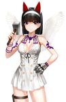  angel_wings animal_ears ass_visible_through_thighs black_hair breasts character_request cleavage hairband hammer hand_on_hip kfr looking_at_viewer mabinogi mabinogi_heroes medium_breasts purple_eyes short_hair simple_background smile solo white_background wings 