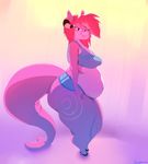  anthro big_butt bra breasts butt clothing female fish hair looking_at_viewer marine musikalgenius pink_hair shark slightly_chubby solo thick_thighs underwear 