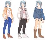  blue_eyes blue_hair boots coat commentary dated ddhew denim fashion full_body hair_ornament hairpin hand_in_pocket jacket jeans jewelry mahou_shoujo_madoka_magica miki_sayaka multiple_persona necklace pants pants_rolled_up shoes short_hair sketch slacks smile solo_focus standing vest watch watermark web_address wristwatch 
