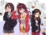  :d adjusting_eyewear belt blue21 blue_eyes bow bowtie brown_eyes brown_hair cardigan clothes_writing cosplay glasses hair_bow hand_in_pocket headphones headphones_around_neck honda_mio honda_mio_(cosplay) hood hooded_jacket ichinose_shiki idolmaster idolmaster_cinderella_girls jacket kamijou_haruna long_hair maekawa_miku necktie one_eye_closed open_mouth oversized_clothes salute school_uniform shibuya_rin shibuya_rin_(cosplay) shirasaka_koume skirt sleeves_past_wrists smile tachibana_arisu tada_riina tada_riina_(cosplay) translation_request twitter_username 