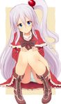  ass blue_eyes blush boots capelet cross-laced_footwear dress full_body hair_bobbles hair_ornament kuresento lace-up_boots long_hair long_sleeves looking_at_viewer one_side_up panties pantyshot pantyshot_(sitting) red_capelet red_dress ribbon shinki silver_hair sitting smile solo touhou touhou_(pc-98) turtleneck underwear wide_sleeves 