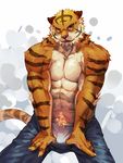  abs big_muscles body_hair bulge clothing feline front_view happy_trail kourney looking_at_viewer male mammal muscular pants pants_pull pecs solo teasing tenting tiger tongue tongue_out topless underwear 