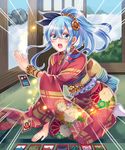  blue_eyes blue_hair iroha_karuta japanese_clothes kimono kneeling long_hair official_art senjou_no_electro_girl shina_shina solo 