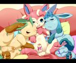  after_sex anus balls bed blush censored cum cum_inside eeveelution feral glaceon group leafeon male nintendo okunawa penis pillow pok&eacute;mon precum presenting presenting_penis sweat sylveon video_games 