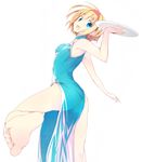  alice_margatroid alternate_costume bare_arms bare_legs bare_shoulders barefoot blonde_hair blue_dress blue_eyes china_dress chinese_clothes dress hairband nirap open_mouth side_slit sleeveless sleeveless_dress smile solo touhou tray 