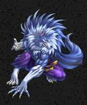  claws clenched_teeth emboss full_body fur gallon muscle no_humans pants pose purple_pants simple_background solo squatting tail teeth vampire_(game) werewolf 