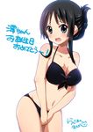  akiyama_mio artist_name bikini black_bikini black_eyes black_hair blush breasts check_translation cleavage covering covering_crotch front-tie_top hair_ornament hair_up hairclip happy_birthday k-on! large_breasts long_hair looking_at_viewer navel official_style open_mouth ragho_no_erika solo swimsuit translation_request 