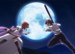  1girl baseball_bat battle bow brown_hair cleaver duel full_moon higurashi_no_naku_koro_ni hill looking_at_another maebara_keiichi moon night night_sky nyoro_(nyoronyoro000) open_mouth orange_hair outdoors puffy_short_sleeves puffy_sleeves ryuuguu_rena shirt short_hair short_sleeves sky spoilers thighhighs tsumihoroboshi-hen white_shirt wristband 