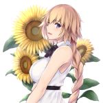  1girl :d armpit_crease bangs bare_arms bare_shoulders belt black_neckwear blonde_hair bow bowtie braid breasts collared_shirt commentary_request enchuu eyebrows_visible_through_hair fate/grand_order fate_(series) flower from_side jeanne_d&#039;arc_(fate) jeanne_d&#039;arc_(fate)_(all) large_breasts long_hair looking_at_viewer looking_to_the_side open_mouth purple_eyes shirt sidelocks single_braid sleeveless sleeveless_shirt smile solo sunflower upper_body v_arms white_background white_shirt 