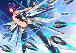  breasts cloud def_(chronowarld) fingerless_gloves flying gloves long_hair mecha_musume navel original outstretched_arms ponytail purple_eyes purple_hair robot_joints sky small_breasts smile solo spread_arms star_(sky) starry_sky 