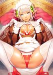  :p blue_eyes bra bra_pull breasts dark_skin dress dress_lift garter_straps lying maid maid_headdress medium_breasts nipples ogino_(oginogino) on_back open_clothes open_dress original panties pointy_ears short_hair silver_hair solo spread_legs thighhighs tongue tongue_out underwear 