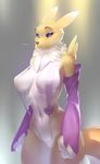  anthro big_breasts black_sclera blue_eyes blush breasts canine clothing digimon female fox fur hi_res looking_at_viewer mammal renamon skygracer solo swimsuit white_fur yellow_fur 