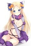  1girl abigail_williams_(fate/grand_order) animal_ears bangs black_bow blonde_hair blue_eyes blush bow breasts cosplay dangerous_beast elbow_gloves fate/grand_order fate_(series) fur-trimmed_gloves fur-trimmed_legwear fur_collar fur_trim gloves hair_bow halloween_costume lace lace-trimmed_thighhighs long_hair looking_at_viewer mash_kyrielight mash_kyrielight_(cosplay) navel nikoo nipples o-ring o-ring_top open_mouth orange_bow parted_bangs polka_dot polka_dot_bow purple_gloves purple_legwear revealing_clothes small_breasts solo tail thighhighs very_long_hair wolf_ears wolf_tail 