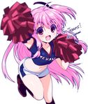  angel_beats! blurry breasts cheerleader cleavage crop_top depth_of_field fang houston_texans long_hair medium_breasts midriff national_football_league navel pink_eyes pink_hair pom_poms satomi_yoshitaka shiny shiny_skin short_shorts shorts smile solo two_side_up yui_(angel_beats!) 