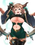  arms_up blonde_hair braid breasts carmelina_(granblue_fantasy) cleavage draph eyebrows fangs granblue_fantasy green_eyes horns kemurin large_breasts long_hair looking_at_viewer navel open_mouth smile solo thighs twin_braids underboob wide_hips 