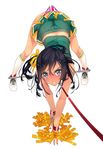  all_fours angry ankle_cuffs ass bdsm black_hair blush bondage bound cheerleader clenched_teeth collar cuffs dildo f-ism from_above green_skirt grey_eyes hair_between_eyes hair_ornament hair_ribbon hairclip highres leash long_hair looking_at_viewer looking_up murakami_suigun pom_poms restrained ribbon side_ponytail simple_background skirt solo spreader_bar sweat tears teeth 