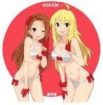  ahoge blonde_hair bra breasts brown_hair cleavage gloves green_eyes hair_ribbon hairband hisakawa_riho hoshii_miki idolmaster idolmaster_(classic) long_hair looking_at_viewer medium_breasts minase_iori multiple_girls navel one_eye_closed open_mouth panties red_eyes ribbon small_breasts underboob underwear v 