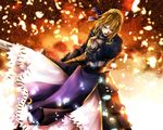  armor armored_dress artoria_pendragon_(all) asagi516 blonde_hair blue_ribbon fate/stay_night fate_(series) gauntlets green_eyes hair_ribbon open_mouth ribbon saber solo 