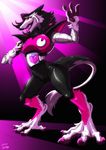  &lt;3 anthro barefoot black_fur black_hair claws clothing cybernetics cyborg fur hair machine male mammal mettaton multicolored_hair open_mouth paws pink_fur red_eyes rubber_suit sergal skinsuit solo standing tatugon tight_clothing tongue tongue_out undertale video_games white_fur 