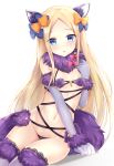  1girl abigail_williams_(fate/grand_order) animal_ears bangs black_bow blonde_hair blue_eyes blush bow breasts cosplay dangerous_beast elbow_gloves fate/grand_order fate_(series) fur-trimmed_gloves fur-trimmed_legwear fur_collar fur_trim gloves hair_bow halloween_costume lace lace-trimmed_thighhighs long_hair looking_at_viewer mash_kyrielight mash_kyrielight_(cosplay) navel nikoo o-ring o-ring_top open_mouth orange_bow parted_bangs polka_dot polka_dot_bow purple_gloves purple_legwear revealing_clothes small_breasts solo tail thighhighs very_long_hair wolf_ears wolf_tail 