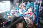  aqua_eyes aqua_hair bad_id bad_pixiv_id blush bracelet cheese_trail chibi chibi_on_head drink drinking_straw dutch_angle eating food hatsune_miku holding_pizza indoors jewelry keyboard_(computer) long_hair looking_at_viewer mcdonald's melon3 monitor multiple_girls nail_polish necktie night on_head one_eye_closed open_mouth pizza sitting skirt spring_onion thighhighs twintails very_long_hair vocaloid 