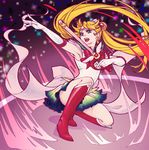  bishoujo_senshi_sailor_moon blonde_hair blue_eyes blue_sailor_collar boots choker crescent crescent_earrings crestomancer double_bun earrings elbow_gloves gloves highres holding holding_wand jewelry kaleidomoon_scope knee_boots long_hair miniskirt multicolored multicolored_clothes multicolored_skirt open_mouth pleated_skirt red_footwear ribbon sailor_collar sailor_moon sailor_senshi_uniform skirt solo sparkle super_sailor_moon tsukino_usagi twintails very_long_hair wand white_gloves 