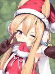  1girl armpits azur_lane blonde_hair christmas clothes_in_mouth earmuffs fur_trim hat highres long_hair mouth_hold one_eye_closed purple_eyes reaching_out red_hat santa_costume santa_hat schreibe_shura self_shot solo v warspite_(azur_lane) 