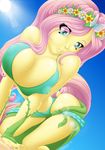  anthro anthrofied big_breasts bikini breasts clothing erect_nipples fluttershy_(mlp) friendship_is_magic kitten-bomb kneeling looking_at_viewer my_little_pony nipples solo swimsuit 