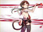  2016 :o absurdres afukuro ass bad_id bad_pixiv_id bare_back brown_eyes brown_hair chinese_zodiac chromatic_aberration cowboy_shot from_behind gears hairband happy_new_year headband highres long_hair looking_at_viewer looking_back low_ponytail lowleg lowleg_pants machinery male_focus monkey_tail new_year open_mouth original otoko_no_ko over_shoulder pants polearm ponytail solo tail weapon year_of_the_monkey 