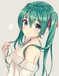  absurdres aqua_eyes aqua_hair bad_revision bare_shoulders breasts cleavage downscaled_revision hatsune_miku heart highres hiiragi_hajime long_hair long_sleeves looking_at_viewer md5_mismatch off_shoulder simple_background small_breasts smile solo sweater vocaloid 
