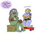 anthro big_breasts blush box breasts cleavage clothed clothing crossgender dialogue donatello_(tmnt) duo embarrassed english_text eyelashes female machine mask metalhead_(tmnt) open_mouth orange_eyes reptile robot scalie source_request speech_bubble teenage_mutant_ninja_turtles text tools turtle unknown_artist wrench 