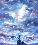  blue cloud dress grass highres original sakimori_(hououbds) scenery shawl short_hair silhouette sky solo sparkle 