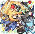  blonde_hair blue_eyes boots breasts cleavage coat fingernails fur_trim garchomp gen_4_pokemon hair_ornament hair_over_one_eye high_heel_boots high_heels holding holding_poke_ball large_breasts long_fingernails long_hair pants poke_ball poke_ball_(generic) pokemon pokemon_(creature) pokemon_(game) pokemon_dppt riolu saitou_naoki shirona_(pokemon) smile winter_clothes 