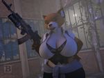  2016 3d_(artwork) anthro big_breasts blx24 bra breasts brown_fur brown_nose canine cgi cleavage clothed clothing digital_media_(artwork) female fox fur gun hi_res lips mammal moon nails night open_mouth orange_fur outside ranged_weapon rifle shirt solo standing teeth underwear weapon wide_hips 