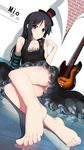  akiyama_mio ass bangs bare_legs barefoot bass_guitar black_dress black_hair black_hat blue_eyes blush breasts brick_wall character_name dated don't_say_&quot;lazy&quot; dress dutch_angle electric_guitar eyebrows eyebrows_visible_through_hair feet finger_to_mouth frilled_dress frills gloves guitar hat hat_ribbon highres instrument k-on! long_hair long_legs looking_at_viewer medium_breasts mini_hat mini_top_hat on_floor red_ribbon reflection ribbon see-through single_glove sitting sleeveless sleeveless_dress solo striped striped_gloves tile_floor tiles toenails toes top_hat upskirt xiao_ren 