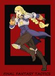  agrias_oaks armor blonde_hair braid brown_eyes final_fantasy final_fantasy_tactics gloves hand_cream knight long_hair pauldrons sidelocks single_braid solo weapon 