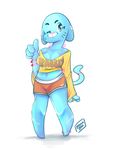  anthro blue_fur breasts cat cleavage clothed clothing feline female foxnbox fur mammal mature_female mother nicole_watterson parent shorts solo the_amazing_world_of_gumball thumbs_up 