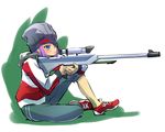  beanie blue_eyes full_body gun hat iesupa jacket may_zedong one_eye_covered pants pink_hair rifle rwby sitting sniper_rifle solo track_jacket track_pants weapon 