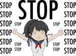  anime_coloring artist_request ayano_aishi black_hair blush english outstretched_arms school_uniform serafuku shirt short_hair short_sleeves simple_background solo stop text_focus upper_body white_background white_eyes white_shirt yandere_simulator 