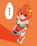  ammonio bangs barefoot bikini blue_bikini blunt_bangs breasts character_request cleavage collarbone full_body game_console groin handheld_game_console multicolored multicolored_eyes navel orange_background playing_games playstation_portable shadow short_hair simple_background small_breasts solo speech_bubble standing swimsuit translated 