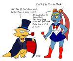  alphys bottomless breasts cleavage clothed clothing cosplay dialogue digital_media_(artwork) english_text female female/female flat_colors flower_in_mouth open_mouth sailor_moon_(character) sailor_moon_(series) scalie sen-en signature text tuxedo_mask undertale undyne video_games 