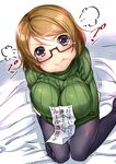  ajishio angry black_legwear breast_lift breasts brown_hair crossed_arms fume grey_eyes koizumi_hanayo large_breasts long_sleeves looking_at_viewer love_live! love_live!_school_idol_project no_pants pantyhose pout ribbed_sweater sign sitting solo sweater tears translation_request wariza 