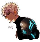  backlighting black_sclera blonde_hair cyborg earrings genos jewelry male_focus neon_trim one-punch_man pigeon666 profile robot_joints signature solo turtleneck upper_body white_background yellow_eyes 