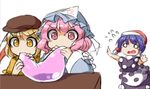 animal_ears blob blonde_hair blue_hair bunny_ears cabbie_hat commentary concentrating crying crying_with_eyes_open doremy_sweet dream_soul dress eating flat_cap floppy_ears flying_teardrops fun_bo hat mob_cap multiple_girls nightcap o_o pink_eyes pink_hair pom_pom_(clothes) ringo_(touhou) running saigyouji_yuyuko sketch tears touhou triangular_headpiece yellow_eyes 