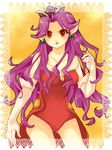  :o angela_(seiken_densetsu_3) breasts cleavage cowboy_shot crown dress earrings elbow_gloves framed gloves jewelry leotard long_hair mayuzumi medium_breasts open_mouth purple_hair red_dress red_eyes red_leotard seiken_densetsu seiken_densetsu_3 solo 