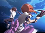  1girl baseball_bat battle blur bow brown_hair cleaver cloud cloudy_sky duel from_behind higurashi_no_naku_koro_ni hill lunging maebara_keiichi night night_sky nyoro_(nyoronyoro000) orange_hair outdoors perspective puffy_short_sleeves puffy_sleeves ryuuguu_rena serious shirt short_hair short_sleeves sky spoilers standing standing_on_one_leg swinging tsumihoroboshi-hen white_shirt 