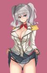  :q ass_visible_through_thighs bangs blue_eyes blush breasts buttons cleavage collarbone cowboy_shot double-breasted dress_shirt epaulettes eyebrows eyebrows_visible_through_hair frilled_sleeves frills grey_shirt highres jacket kantai_collection kashima_(kantai_collection) kerchief large_breasts lifted_by_self long_hair long_sleeves looking_at_viewer military military_uniform miniskirt no_bra open_clothes open_jacket open_shirt pink_background pleated_skirt shirt sidelocks silver_hair simple_background skirt skirt_lift solo string_panties sukitsukasa tongue tongue_out twintails unbuttoned uniform 